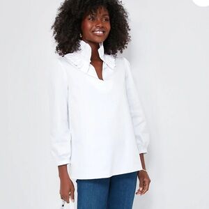 Tuckernuck White Stretch Poplin Ruffle Neck Bouvier Blouse sz XXL.